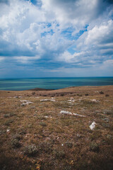 sea view from the mountain voluminous clouds beautiful sky seascape