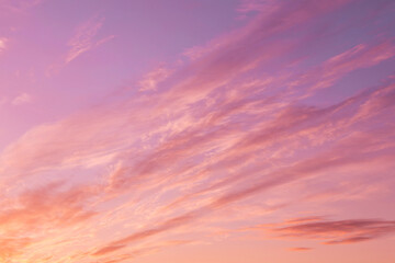Naklejka na ściany i meble Dramatic soft sunrise, sunset pink violet sky with clouds background texture