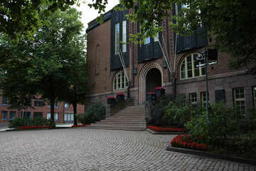 Paved square and the entrance to the town hall of the Finnish city of Lahti. Lahti. Finland.