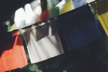 Nepal buddhist flags symbols in the sunlight