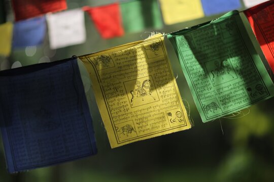 Nepal buddhist flags symbols in the sunlight