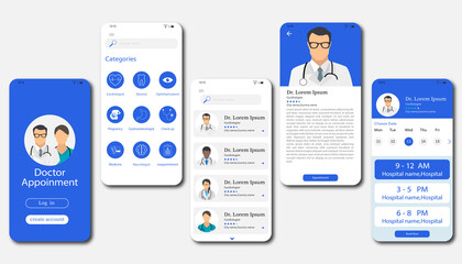 Fototapeta na wymiar medical mobile app for doctor appointment booking application ui kit design