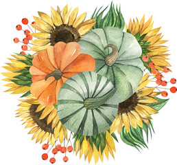Watercolor sunflowers and pumpkins compositions, Thanksgiving card