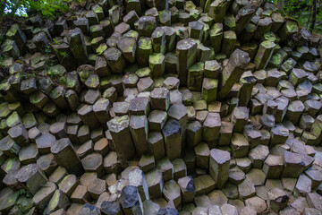 Germany, Rhön-Mountains. At Gangolgsberg-site the basalt columns appear as a horizontal wall