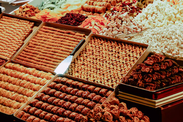 Typical Turkish delights in a street market with many different types of shades