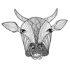 2021 Happy New Year typography banner. Head of the bull doodle on white for web, for print, for coloring page