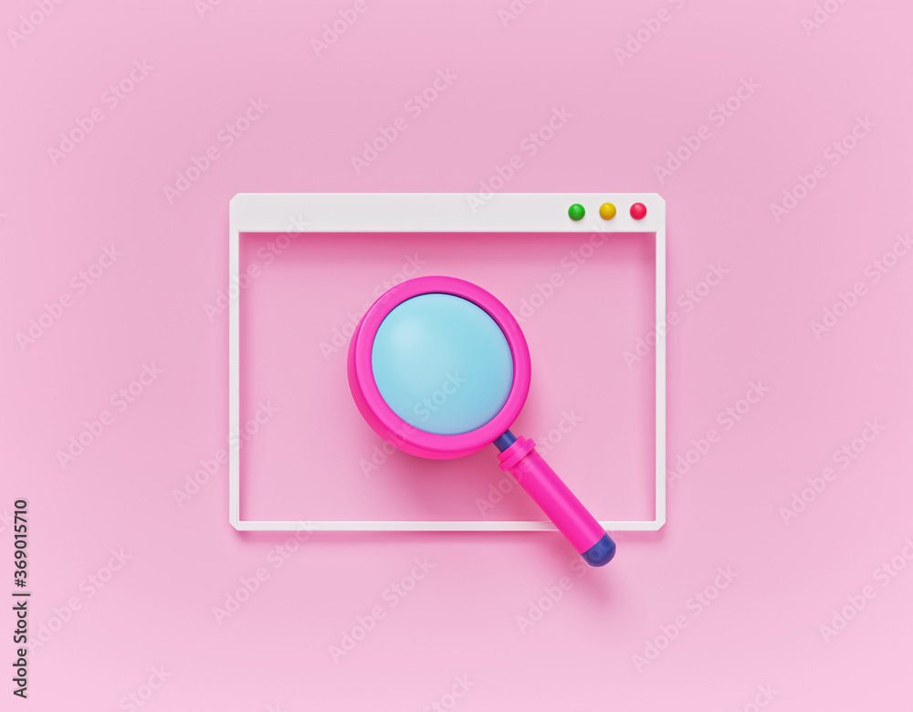 Poster minimal cartoon style magnifying glass icon with computer window. online browser search concept. 3d 
