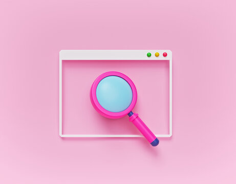 Minimal Cartoon Style Magnifying Glass Icon With Computer Window. Online Browser Search Concept. 3d Rendering