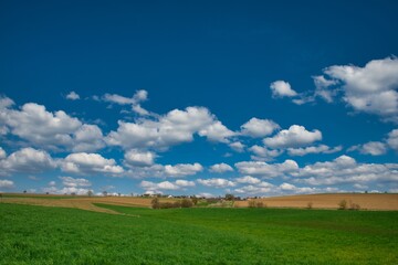 Sommmerlandschaft mit bewölktem Himmel auf dem Land Oberfranken Deutschland