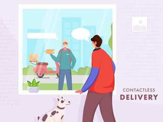Contactless Delivery Concept Based Poster Design, Customer Man Talking to Pizza Delivery Boy from Window for Avoid Coronavirus.