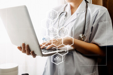 Medicine doctor touching electronic medical record on tablet. DNA. Digital healthcare and network connection on hologram modern virtual icon