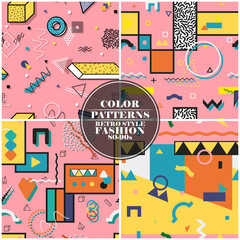 Set of colorful abstract seamless patterns with creative geometric shapes. Bright memphis design - fashion retro style 80-90s. Vibrant trendy backgrounds