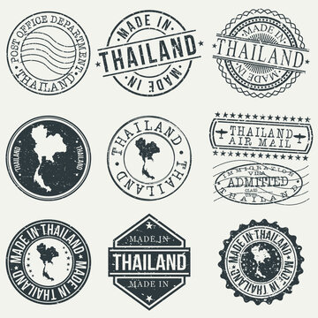 Thailand Set of Stamps. Travel Stamp. Made In Product. Design Seals Old Style Insignia.
