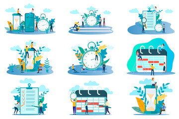 Fototapeta na wymiar Time-management.A set of illustrations with controls and time control.Scheduling tasks schedule tasks start of new projects system and reconciliation of hours.Vector illustrations white background.