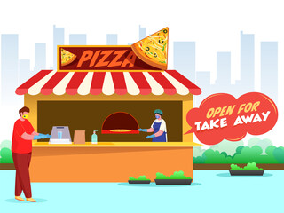 Customer And Shopper Men Wear Both Protective Mask In Pizza Shop With Open For Take Away Message Text To Prevent From Coronavirus.