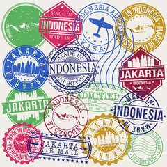 Jakarta Indonesia Set of Stamps. Travel Stamp. Made In Product. Design Seals Old Style Insignia.