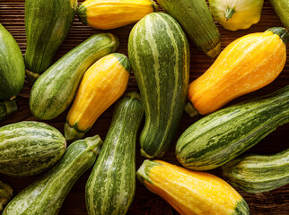 Fresh yellow and green courgettes on a wooden background top view