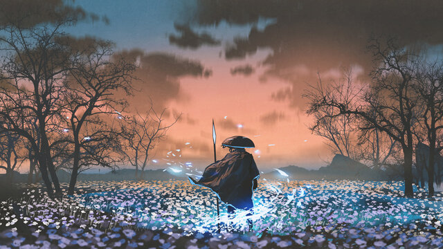 ancient warrior with the magic spear standing in the meadow, digital art style, illustration painting