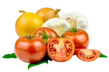 Collage of fresh tomatoes, garlic and onions isolated on white background.