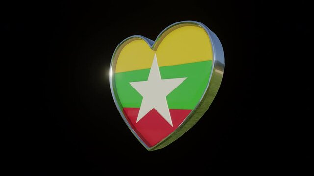 Flag of the Myanma in the shape of 3D heart. Metallic heart with glass and relief elements of the country flag. Animation with alpha channel.