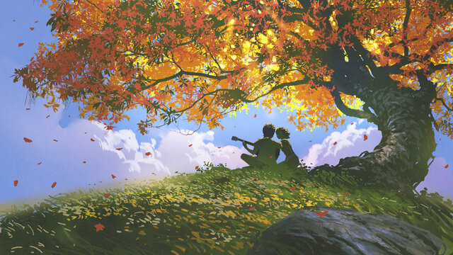 Fototapeta lovers sitting and playing guitar under the tree in autumn, digital art style, illustration painting