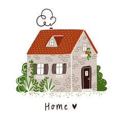 Little stone bricks country house with plants and red roof, vector illustration