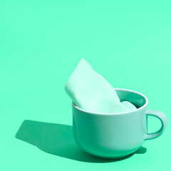 Minimal aesthetic fashion monochrome design.  Aqua menthe  trend. Breakfast mug
