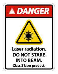 Danger Laser radiation,do not stare into beam,class 2 laser product Sign on white background