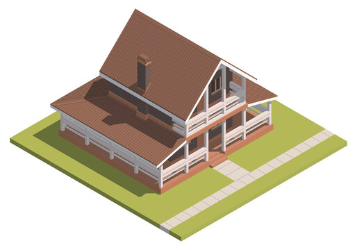 Suburban House Isometry. Hyper Detailing Isometric View Of A Isolated House With A Brown Roof. 3D Family House For Video Games Or Real Estate Advertising. For Your Business. Vetor Illustration