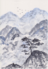 Watercolor painting with blue oriental mountains layers with pine trees. Hand drawn calm mountain sketch illustration in Chinese Ink style. Peaceful & serene abstract vertical artwork on paper.