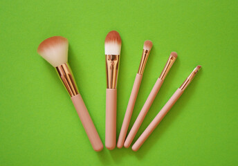 Set of makeup brushes on a green pastel background. Top view point, flat lay. Beauty and trend life style concept.