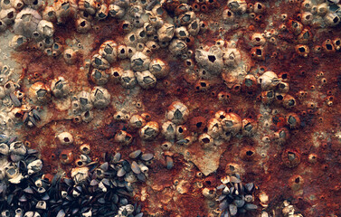 Abstract background, Rusty iron background With a Surface of Dead Shellfish.