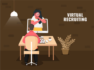 Business Woman Searching Virtual Recruiting In Computer In Front Of Man At Workplace On Brown Background For Maintaining Social Distance.