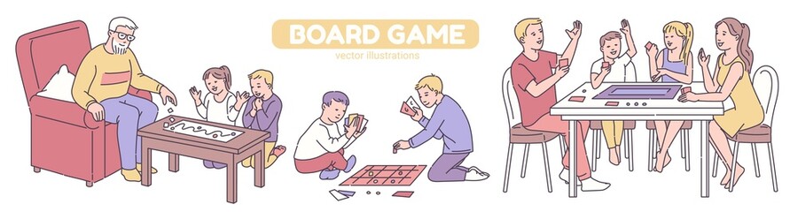 Adults and children playing board games sketch vector illustration isolated.