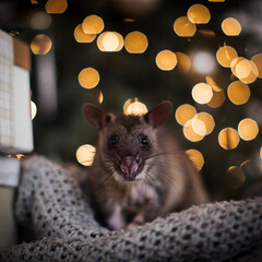 Giant african pouched rat in decorated room with Christmass tree.