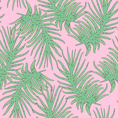 Naklejka na ściany i meble Seamless abstract pattern. Fern branches on a pink background. Tropics.