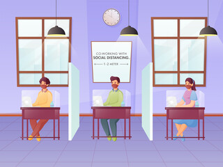 Office Employees Maintaining Social Distance During Work At Seperate Plexiglass Workplace To Prevent From Coronavirus.