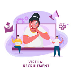 Business Woman Searching A Job Candidate From Laptop And Men Wear Protective Mask On Abstract Background For Virtual Recuitment Concept.