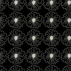 Monochrome daisy flowers seamless pattern on black background. Modern botanical design for fabric