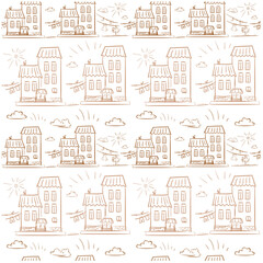 Seamless brown pattern Kids art Bildings of city street with dry clothes