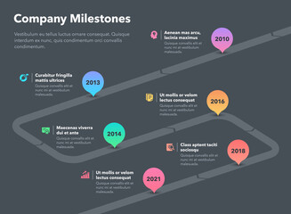 Simple business infographic for company milestones timeline template - dark version. Easy to use for your website or presentation.