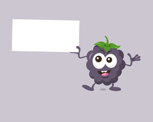Dewberry mascot offers something interesting with label in his hand isolated on light background. Flat design style for your mascot branding.