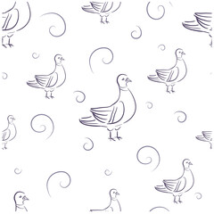 Seamless pattern doodle dove and curl on white background