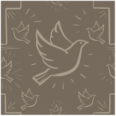 Seamless pattern doodle plaza taupe dove fly and cross on walnut background