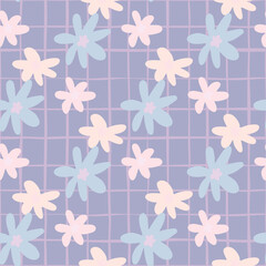 Chamomile flowers seamless doodle pattern. Daisy ornament in pink and blue tones on pastel blue chequered background.