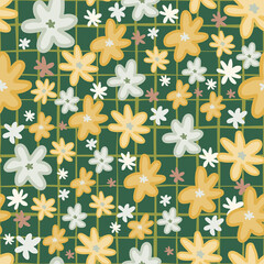 Random seamless doodle pattern with daisy ornament. Yellow and blue flowers on green background with check.