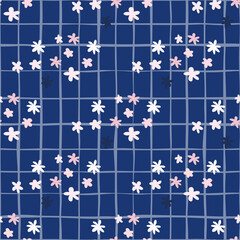 Flower scribble shapes seamless pattern. Navy blue background with check and light pastel elements.