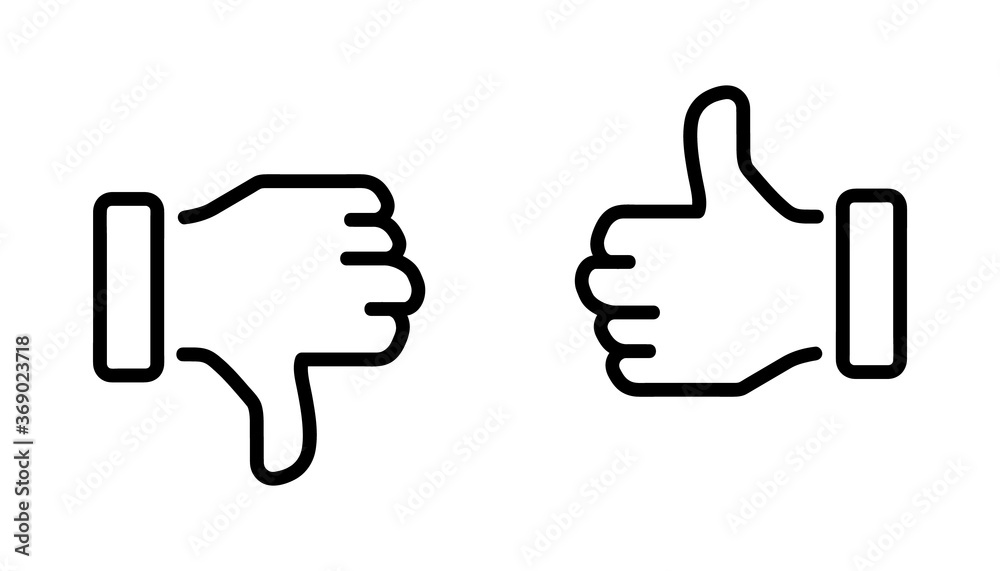 Poster set of up and down thumbs. like and dislike thumb button black color simple stroke outline thin line