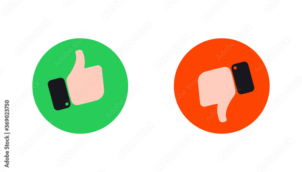 Poster thumbs up and thumbs down hands. green and red like icon and dislike. ok and bad sign. like or disli
