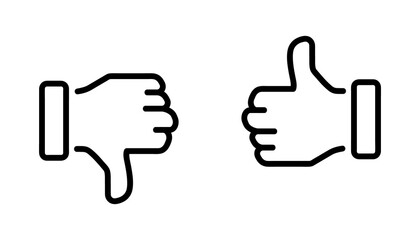 Set of Up and down thumbs. Like and dislike thumb button black color simple stroke outline thin line design. Ok and bad sign. Approve and disapprove. Thumbs Up and Down Hands. Positive and negative